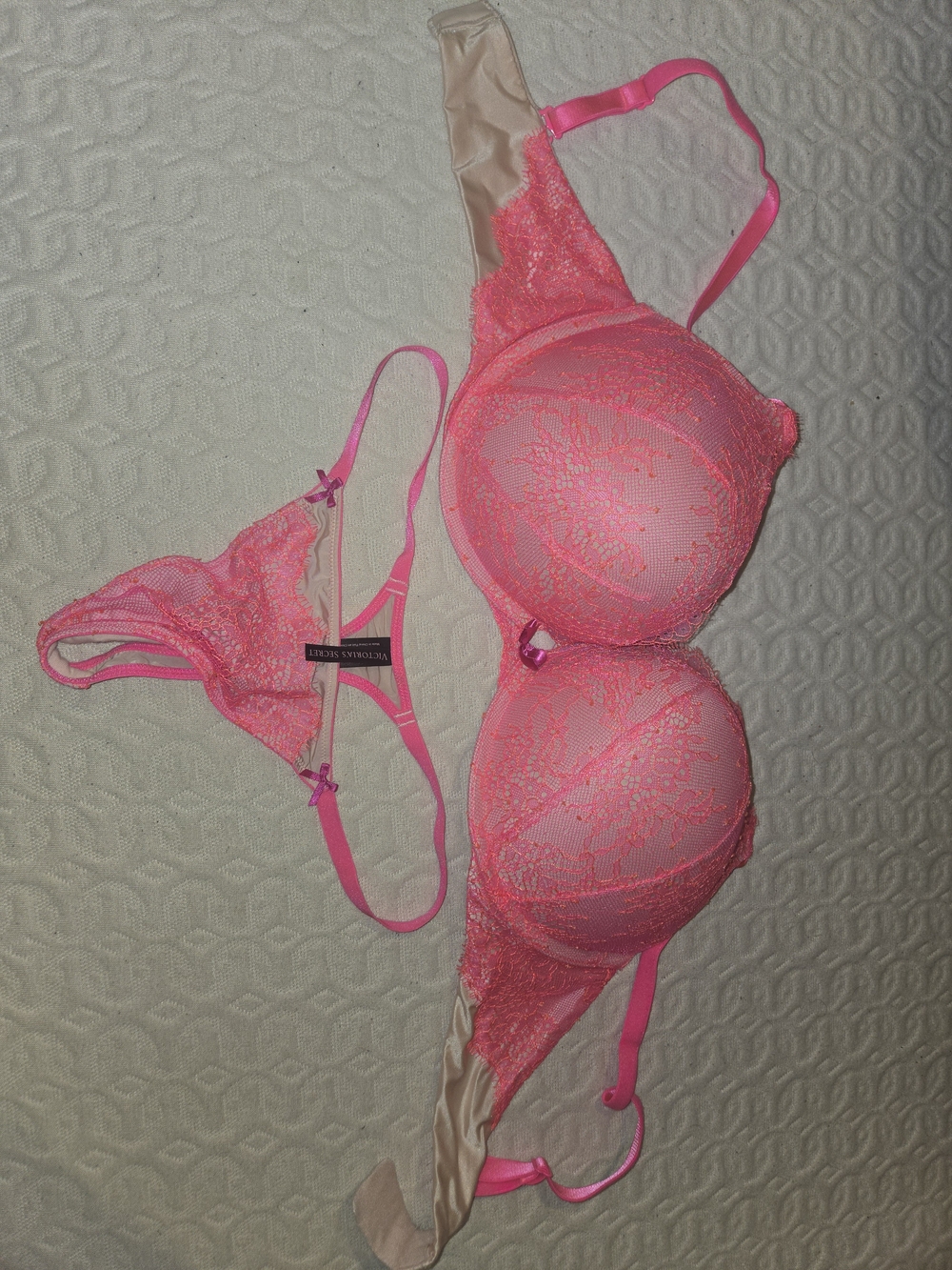 Victoria's Secret Neon Pink Lace Push-Up Bra & Matching Thong